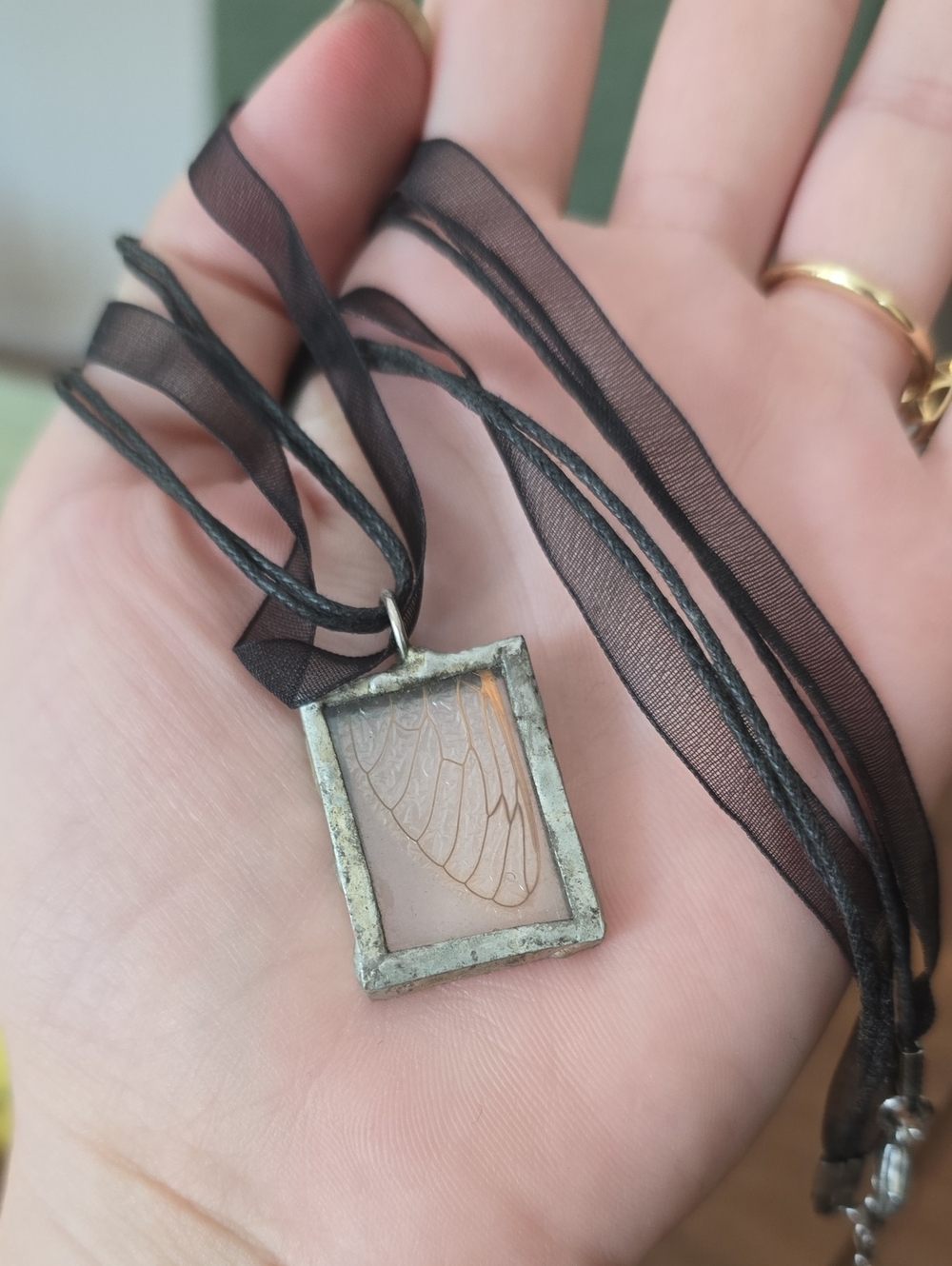 Handmade Black Ribbon Necklace with Framed Cicada Wing Pendant
